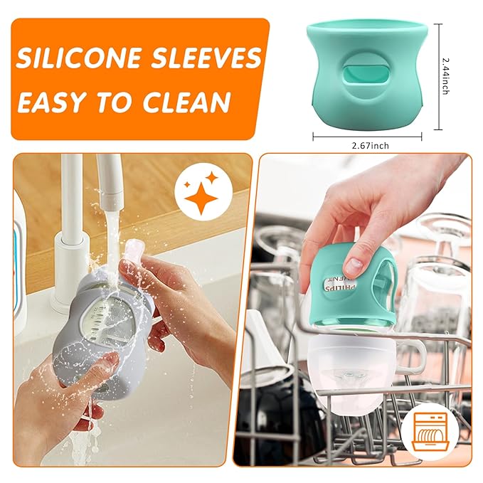 Silicone Sleeves for Avent Glass Natural Baby Bottle,3 Pack Bottles Shatter Proof Bottle Covers,Anti Flow Holder Compatible Baby Bottle 4 oz, BPA Free (Grey+Blue+Green)