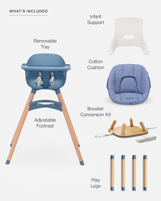 Lalo The 3-in-1 High Chair Kit - Convertible Wooden High Chair for Babies & Toddlers with Infant Support, Cushion, Booster Conversion Kit & Play Legs, Adjustable Footrest - Blueberry