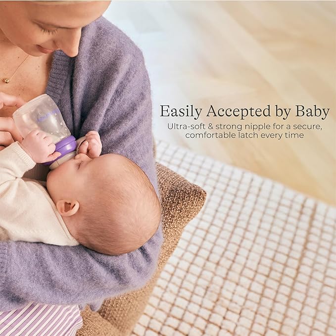 Lansinoh Anti-Colic Baby Bottle for Breastfeeding Babies, 5 Ounces, 1 Count, Includes 1 Slow Flow Nipple, Size S and Stackable Lid