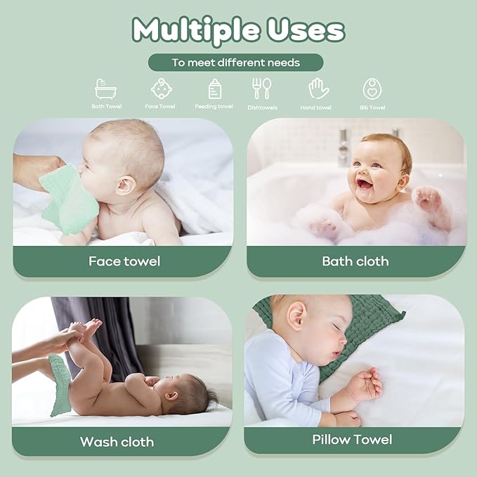 Yoofoss Muslin Baby Washcloths 100% Organic Cotton Face Towels 10 Pack Wash Cloths for Baby 12x12in Soft and Absorbent Baby Wipes (Gradient Green)