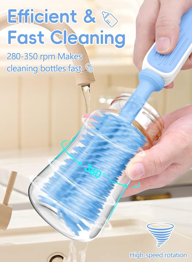 Electric Baby Bottle Brush Cleaner, Baby Travel Bottle Cleaner Kit- 2000mAh Rechargeable Silicone Brush, Drying Rack, Compact Storage Box, 360° Efficient Cleaning Bottle Brush for Home & On-The-Go