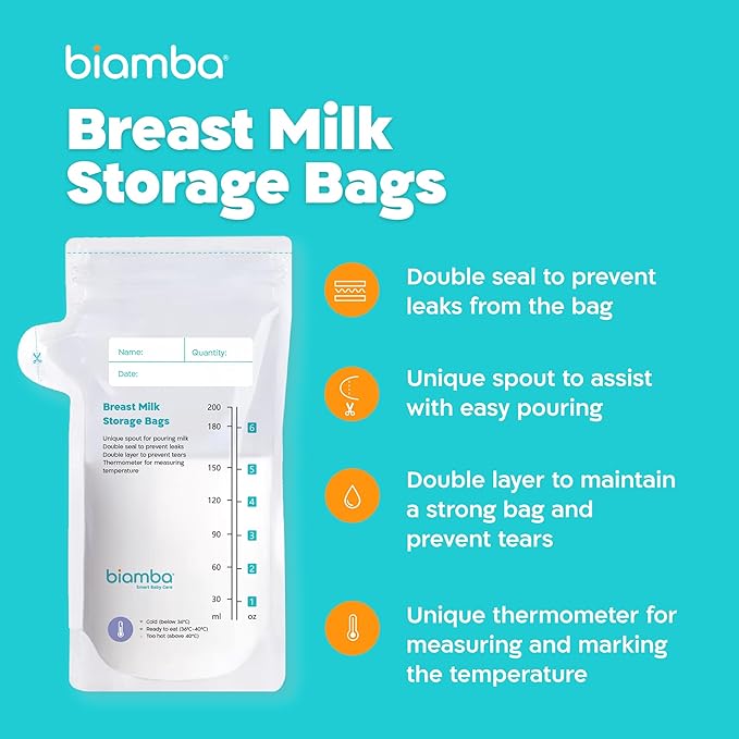 50-Piece Milk Storage Bags Breastmilk by Biamba - Breastmilk Storage Bag Freezer BPA-Free, Double Seal Leak-Resistant, Temperature Indicator, Easy Pour Spout, Pre-Sterilized, 200ml / 6.7 Fl.oz Per Bag