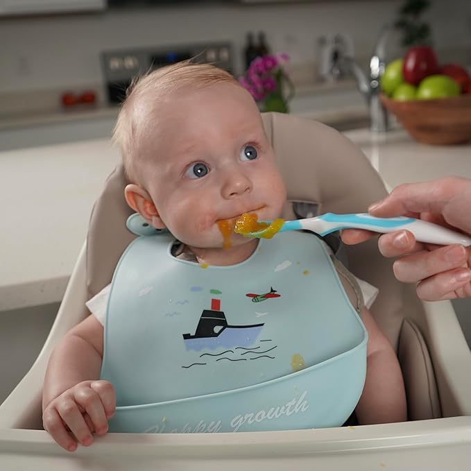 Silicone Baby Bibs Unisex, Self-Feeding, Catch-all Large Pocket, 6-48 months, BPA-Phthalate Free, w/Travel Case