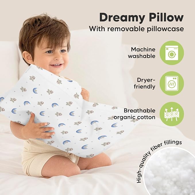 Toddler Pillow with Pillowcase - 13x18 My Little Dreamy Kids Travel Bed Pillows for Sleeping, Organic Cotton Small Pillowcase, Soft & Breathable, Machine Washable, Toddlers 2-5 years old (Space Drift)