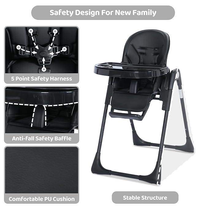 3 in 1 Foldable Baby High Chair, Infant High Chairs for Babies and Toddlers, 6 Height & 5 Recline Adjustable Toddler Feeding Chair, 2 Tray Depth & 3 Footrest Angles, 2 Built-in Wheels, Black