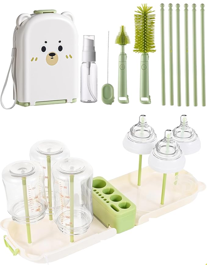 Travel Bottle Cleaner kit, 7in1 Baby Toddler Travel Essential Silicone Bottle Brush Set, Nipple, Drying Rack, Straw, & Breast Pump Cleaning, Soap Dispenser & Organizer Case, Gift for Mom