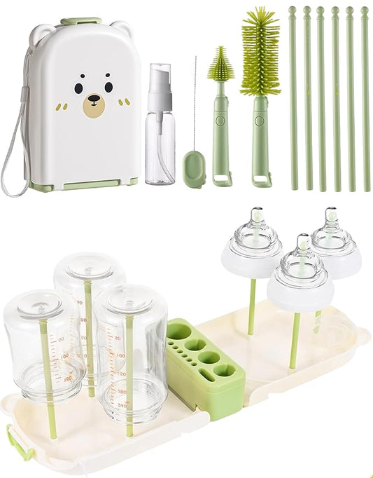 Travel Bottle Cleaner kit, 7in1 Baby Toddler Travel Essential Silicone Bottle Brush Set, Nipple, Drying Rack, Straw, & Breast Pump Cleaning, Soap Dispenser & Organizer Case, Gift for Mom