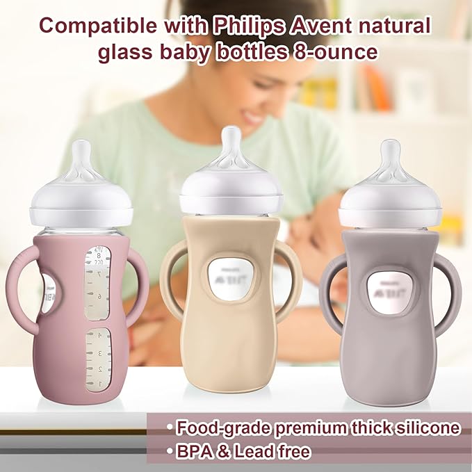 Juome Silicone Sleeves with Handles for Avent Natural Glass Baby Bottles - 3 Pack Anti Breakage Baby Bottle Holder for Philips Avent Glass Baby Bottle, Compatible with Phillips Avent Bottles 8 oz