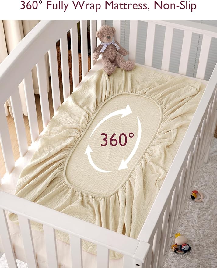 Momcozy Muslin Standard Fitted Crib Sheets, 52"x28", 2 Pack Soft Breathable Natural Cotton Baby Mattress Sheet, 360° Mattress Wrapping No Slip Boys Girls Neutral Toddler Bed Sheet, Beige Coffee Red