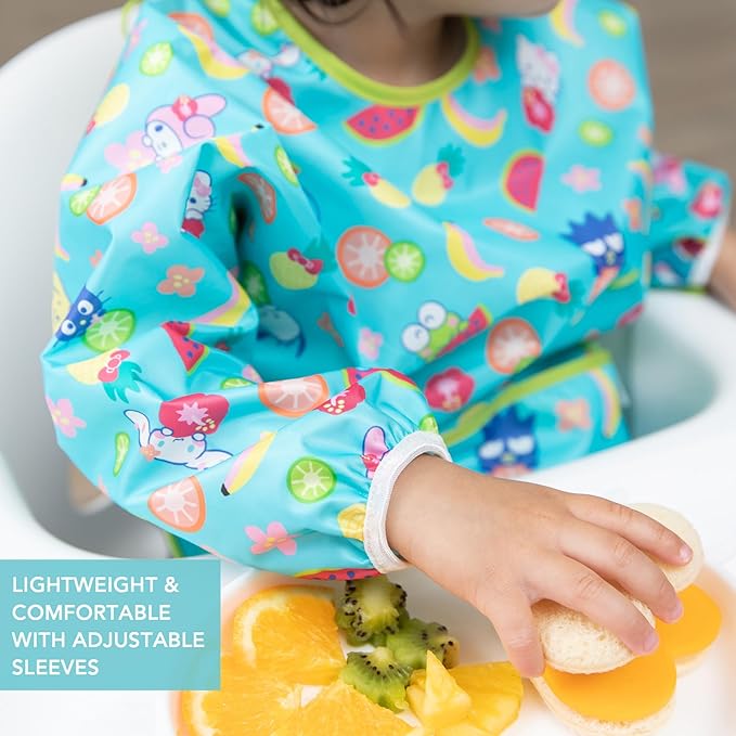 Bumkins Sleeved Bib for Girl or Boy, Baby and Toddler for 6-24 Mos, Essential Must Have for Eating, Feeding, Baby Led Weaning Supplies, Long Sleeve Mess Saving Food Catcher, Hello Kitty and Friends
