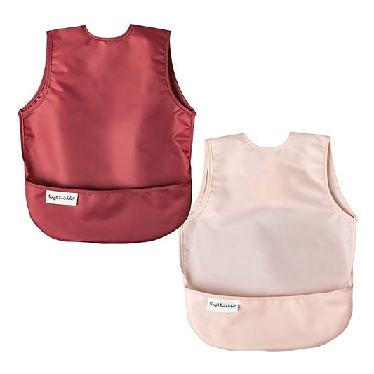 Tiny Twinkle Short Sleeve Apron Bibs for Babies & Toddlers – 2 Pack Waterproof, Mess-Proof Baby Bibs for Eating & Feeding, Machine Washable,Perfect Holiday Gift(Rose Burgundy, 6–24M)