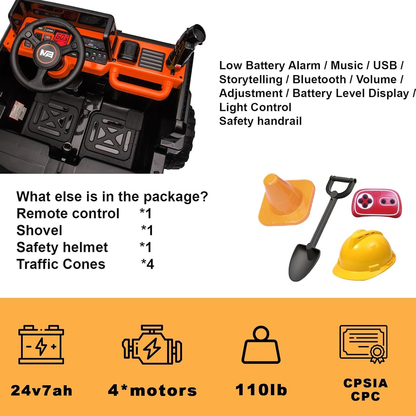 24V Ride On Dump Truck, 24inch-2 Seater Ride On Car for Kids w/Remote Control 4WD/2WD Up to 5 Mph, 24v Ride on Toys for Big Kids w/Electric Dump Bed Extra Shovel Traffic Cones (Orange)