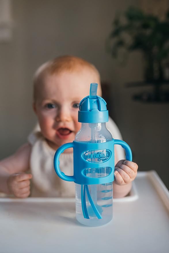Dr. Brown's Milestones Narrow Sippy Straw Bottle, Spill-Proof with 100% Silicone Handles and Weighted Straw, 8 oz/250 mL, Blue, 6m+