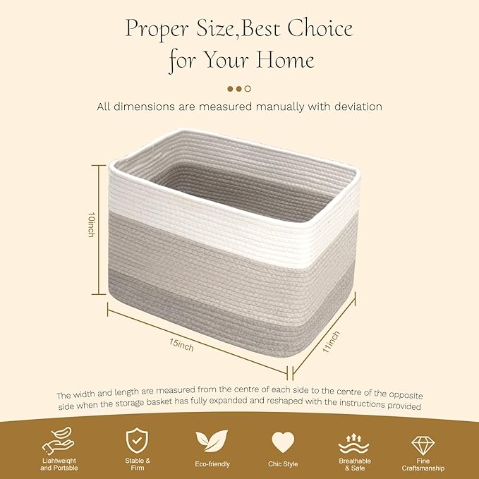 Hopegiver Storage Baskets for Organizing with Handle, Woven Baskets for Shelves - Durable Gift Basket for Cloth Toys Books Baby, Cotton Rope Basket for Dog Cat, 15x11x10 Inch(White&Light-Gray&Gray)