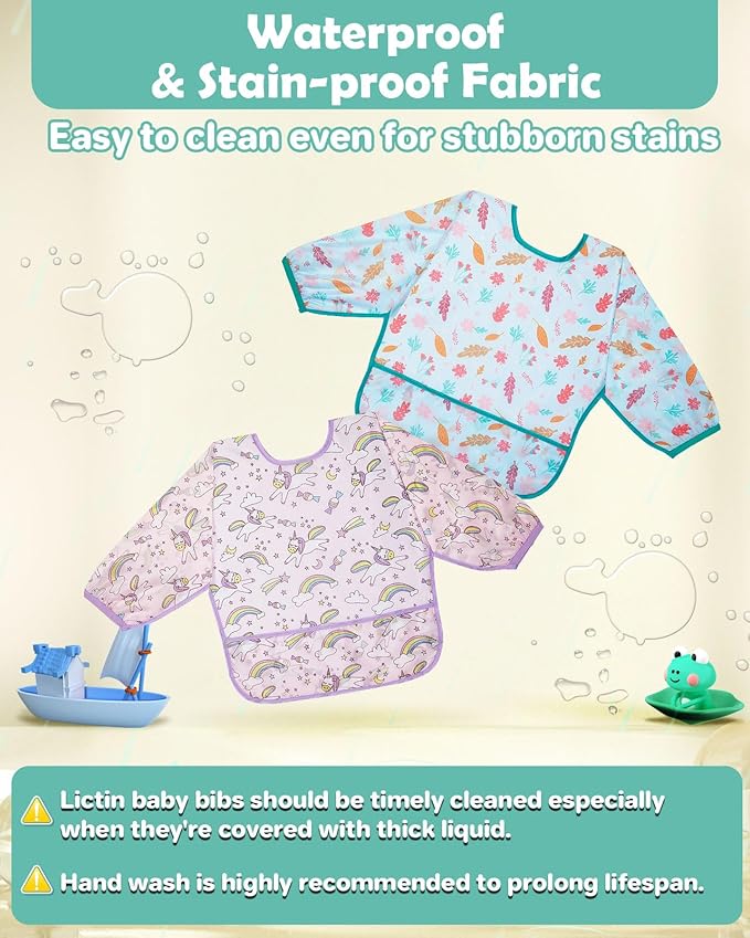 Lictin Long Sleeve Bibs 5 Pack - Baby Bibs, Waterproof Toddler Bibs, Baby Smock for Eating, Baby Bibs for Feeding Teething