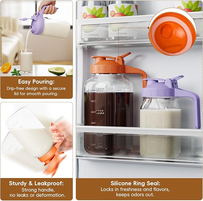 Glass Mason Jar Pitcher, 64 oz Wide Mouth Jug with Pour Spout Handle Lid for Cold Brew Coffee, Ice Beverage, Iced Juice, Lemonade, Sun Tea, Fruit Drinks Container（Purple）