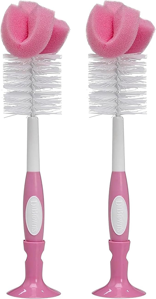 Dr. Brown's Reusable Sponge Baby Bottle Cleaning Brush with Suction Cup Stand, Scrubber and Nipple Cleaner, Pink 2-Pack