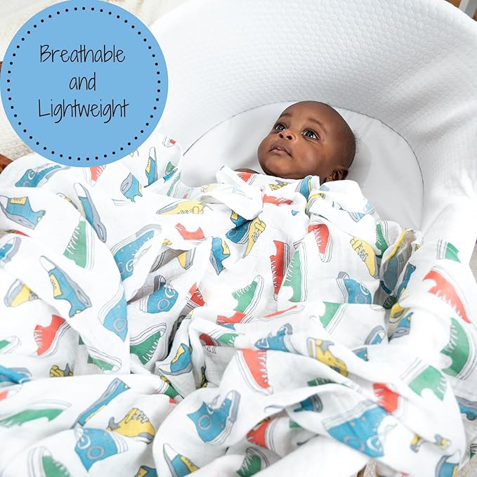 LollyBanks Swaddle Blanket, 100% Cotton Muslin Swaddle Blankets, Neutral Swaddle Blanket 47 x 47 Inches, Baby Blanket for Boys and Girls, Baby Essentials, Registry (Sneakers Print)