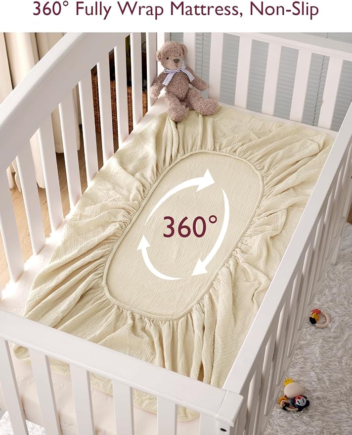Momcozy Muslin Standard Fitted Crib Sheets, 52"x28", 2 Pack Soft Breathable Natural Cotton Baby Mattress Sheet, 360° Mattress Wrapping No Slip Boys Girls Neutral Toddler Bed Sheet, Beige Blush