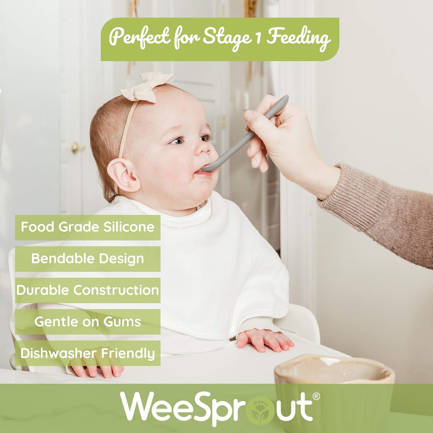 WeeSprout Silicone Baby Spoons - First Stage Infant Feeding Utensils With Soft-Tip, Bendable Kitchenware for Parent & Self-Feeding, Ultra-Durable, Dishwasher Safe, Travel Case, Set of 3