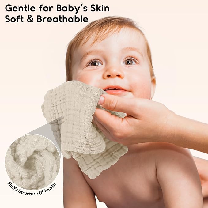 Muslin Baby Washcloths 6 Pack, 100% Cotton Wash Cloths for Babies, Large 12''X12'' Burp Cloths Absorbent and Soft for Newborn Infants Kids Boys Girls - Apricot