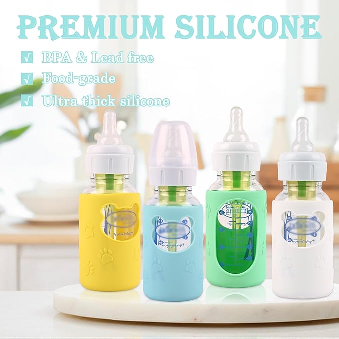 4 Pack Silicone Sleeves for Dr Brown's Glass Baby Bottles, Anti Breakage Baby Bottle Holder, Compatible Dr. Brown's Natural Narrow Glass Baby Bottles 4 oz, BPA Free (White+Blue+Green+Yellow)