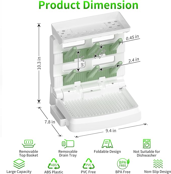 Baby Bottle Drying Rack for 6 Bottles, Vertical Cup Drying Holder, Space Saving Countertop Standing Bottle Dryer Rack for Baby Accessories & Pump Parts（Small White&Green）