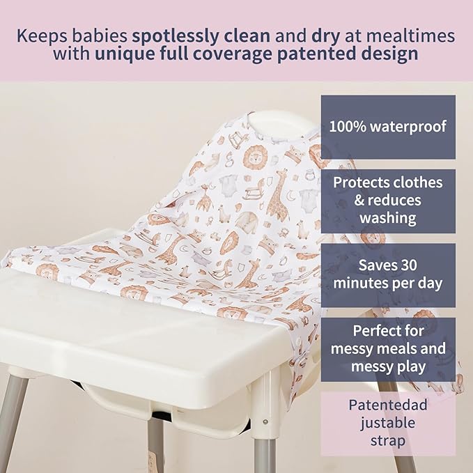 Long Sleeve Baby Bib - Mess-Proof Feeding Bibs for Babies - Adjustable, Waterproof, and Highchair/Table Attachment