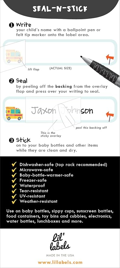 Bottle Labels, Write-On, Self-Laminating, Waterproof Kids Name Labels for Baby Bottles, Sippy Cup for Daycare School, Dishwasher Safe, Boy or Girl (Transportation, Set of 2)