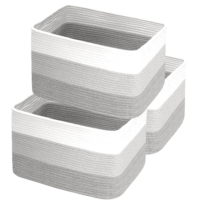 Hopegiver 3 Pack Storage Baskets for Organizing with Handle, Woven Baskets for Shelves - Durable Gift Basket for Cloth Toy Baby, Cotton Rope Basket for Dog Cat, 15x11x10 Inch(White&Light-Gray&Gray)