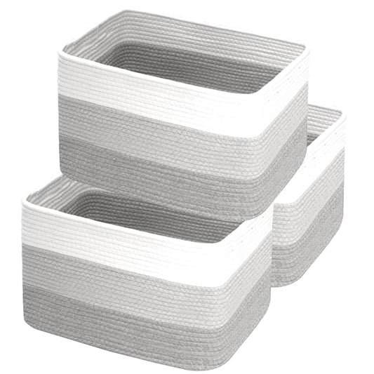 Hopegiver 3 Pack Storage Baskets for Organizing with Handle, Woven Baskets for Shelves - Durable Gift Basket for Cloth Toy Baby, Cotton Rope Basket for Dog Cat, 15x11x10 Inch(White&Light-Gray&Gray)