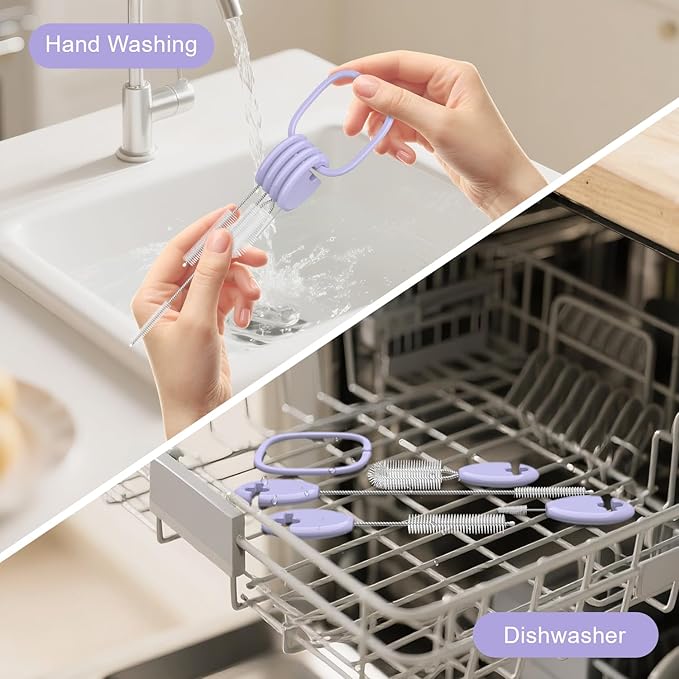 YOTIME Standing Straw Cleaner Brush Set, 4in1 Reusable Straw Brushes with Holder Ring, for Baby Bottles, Sippy Cups and Lids, Purple