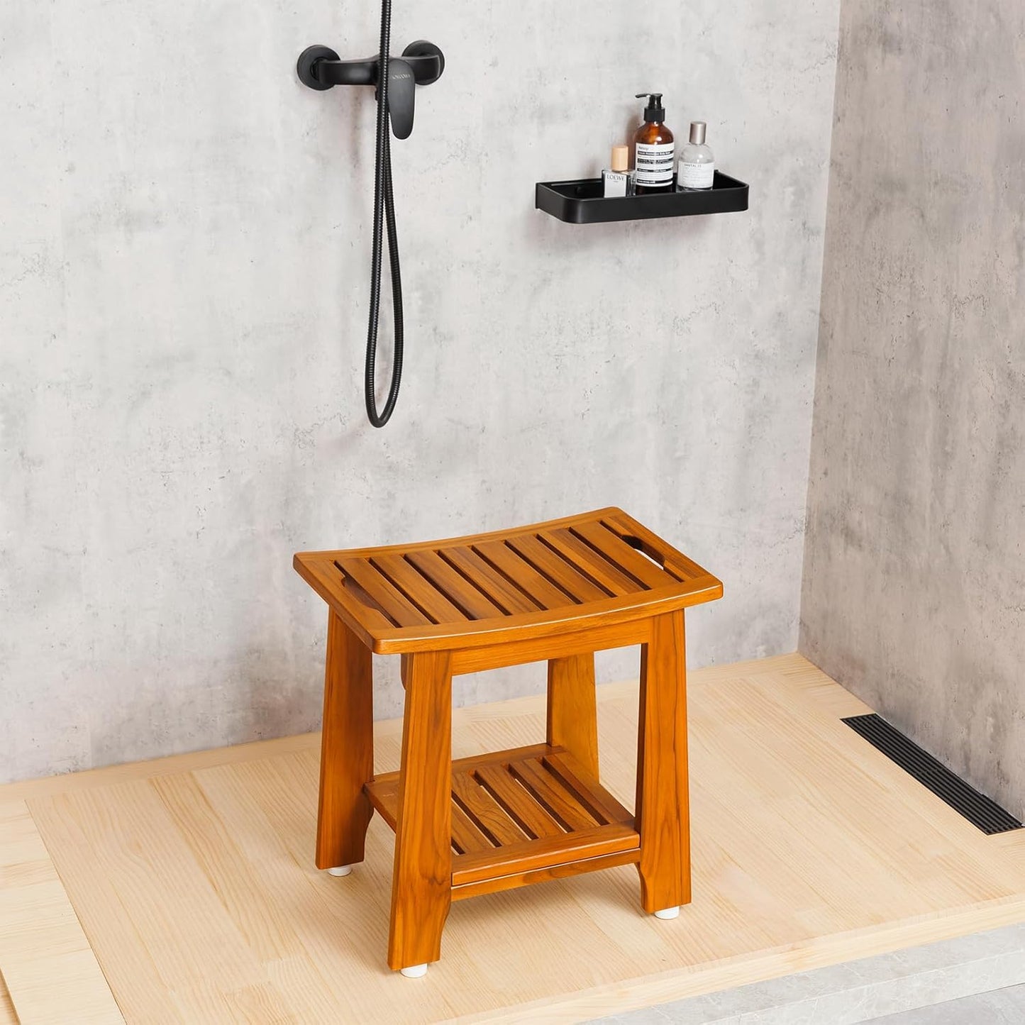 14" Compact Teak Shower Stool with Shelf & Handle - Waterproof, Non-Slip Bath Bench for Small Bathrooms/Outdoor Use, 300 lbs Capacity (Patented)