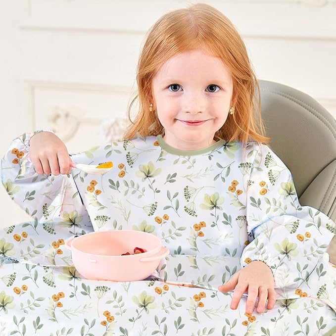 2-Pack Long Sleeve Baby Bib,Coverall Baby Bibs for Eating,Waterproof,Attaches to Highchair&Table,Ages 1 to 3 Years