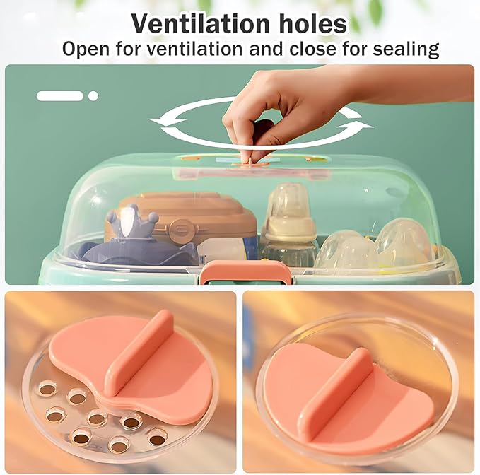 Baby Bottle Organizer for Storage, Baby Bottle Storage Large Capacity with Lid Cover Anti-Dust Protection and Cutlery Storage Drying Rack Portable Large Capacity Bottle Organizer(Pink)