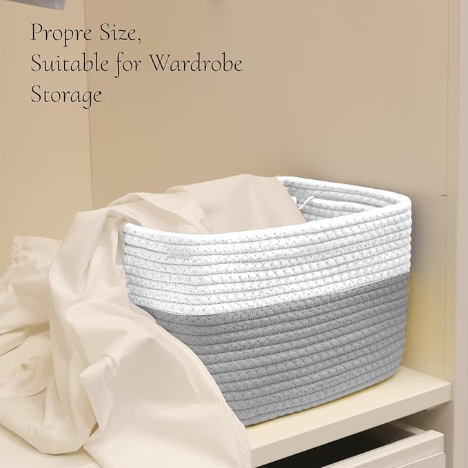 Hopegiver 3 Pack Storage Baskets for Organizing with Handle, Woven Baskets for Shelves - Durable Gift Basket for Cloth Toys Books Baby, Cotton Rope Basket for Dog Cat, 11x8x7 Inch(White&Gray)