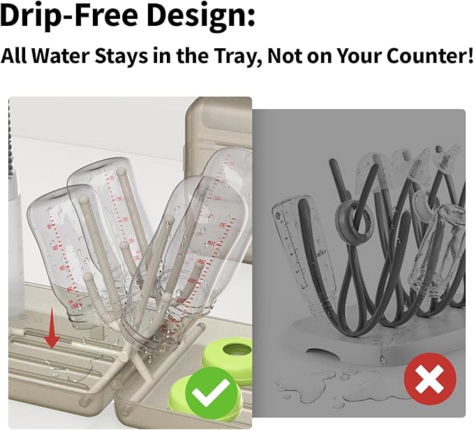 YOTIME Travel Bottle Brush Set, Auto-Open Rack & Vertical Brushs Drying Slots, 3 Brushes, Foldable Drying Rack, Dispenser, Travel Baby Essentials for On-The-Go Parents, Coffee