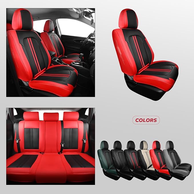 FREESOO Car Seat Covers Full Set, Black Red Waterproof Car Seat Cover, Leather Seat Covers for Trucks, Luxury Car Seat Covers Front Seats and Auto Back, Breathable Car Seat Cushion for Most SUV Cars