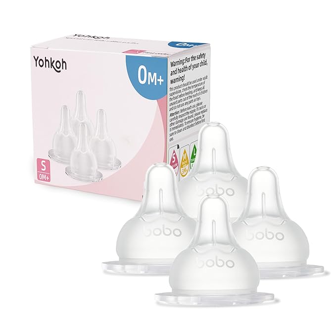 YOHKOH Baby Bottle Nipples for Wide Neck Bottles, 100% Natural Feel Silicone Nipples, BPA-Free (0m+, S, 4 Counts)