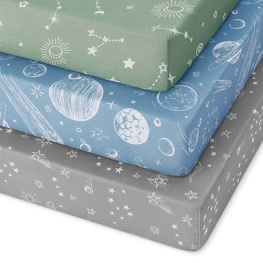 Pack and Play Sheets Fitted 3 Pack, Mini Crib Sheets for Pack N Play Mattress Stretchy Portable Playard Sheets, Soft Breathable Green Gray Constellation