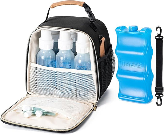 Baby Bottle Cooler Bag with Ice Pack, Breastmilk Cooler Bag Fits 6 Baby Bottle Up to 9 Oz, Insulated Bottle Bag with Should Straps for Travel & Work, Black