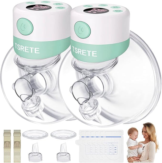 TSRETE Double Wearable Breast Pump, Electric Hands-Free Breast Pumps with 2 Modes, 9 Levels, LCD Display, Memory Function Rechargeable with Massage and Pumping Mode 24mm Flange-Green