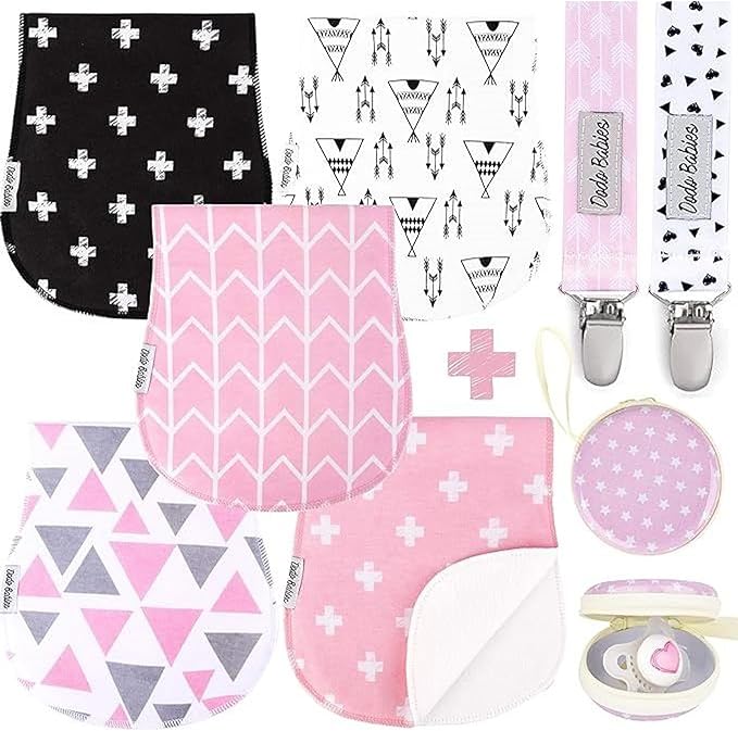 Dodo Babies 5-Pack Baby Burp Cloths - Soft & Absorbent Cotton Burp Cloths are Newborn Essentials Must Haves - Includes Pacifier Case and 2 Pacifier Clips - Colors: Pink, Grey, and Black