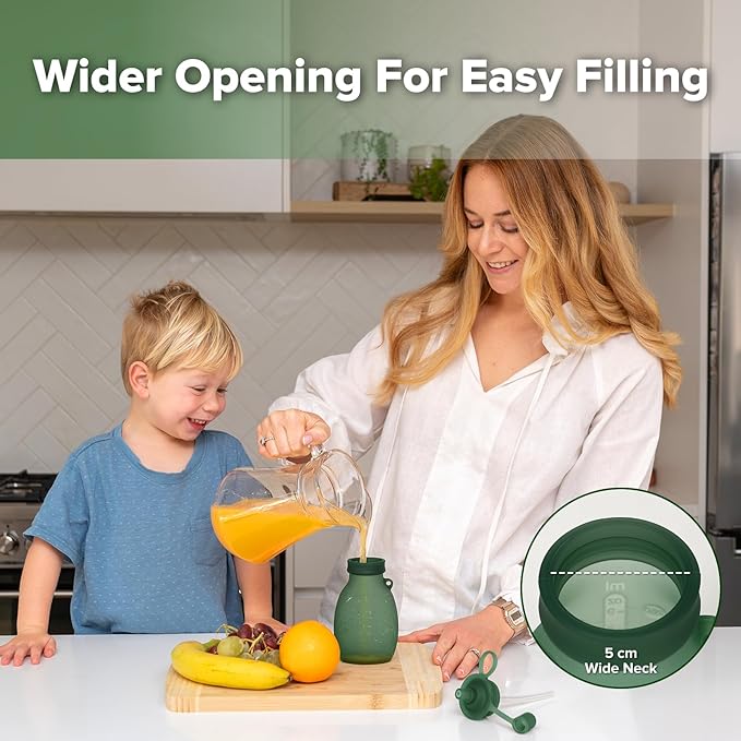 haakaa Hippo Wide Opening Silicone Goody Pouch – Reusable Pouches for Toddlers, Baby Food Pouches with Wide Opening for Easy Fill & Clean, Perfect for Purees & Smoothies, 9oz, 2 Pack, (Pea Green)