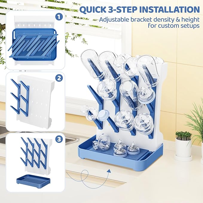 Baby Bottle Drying Rack,Baby Bottle Organizer for Countertop,Bottle Holder for Baby- Space Saving Standing Drying Rack for Baby Bottles and Pump Part Cleaning (Blue)