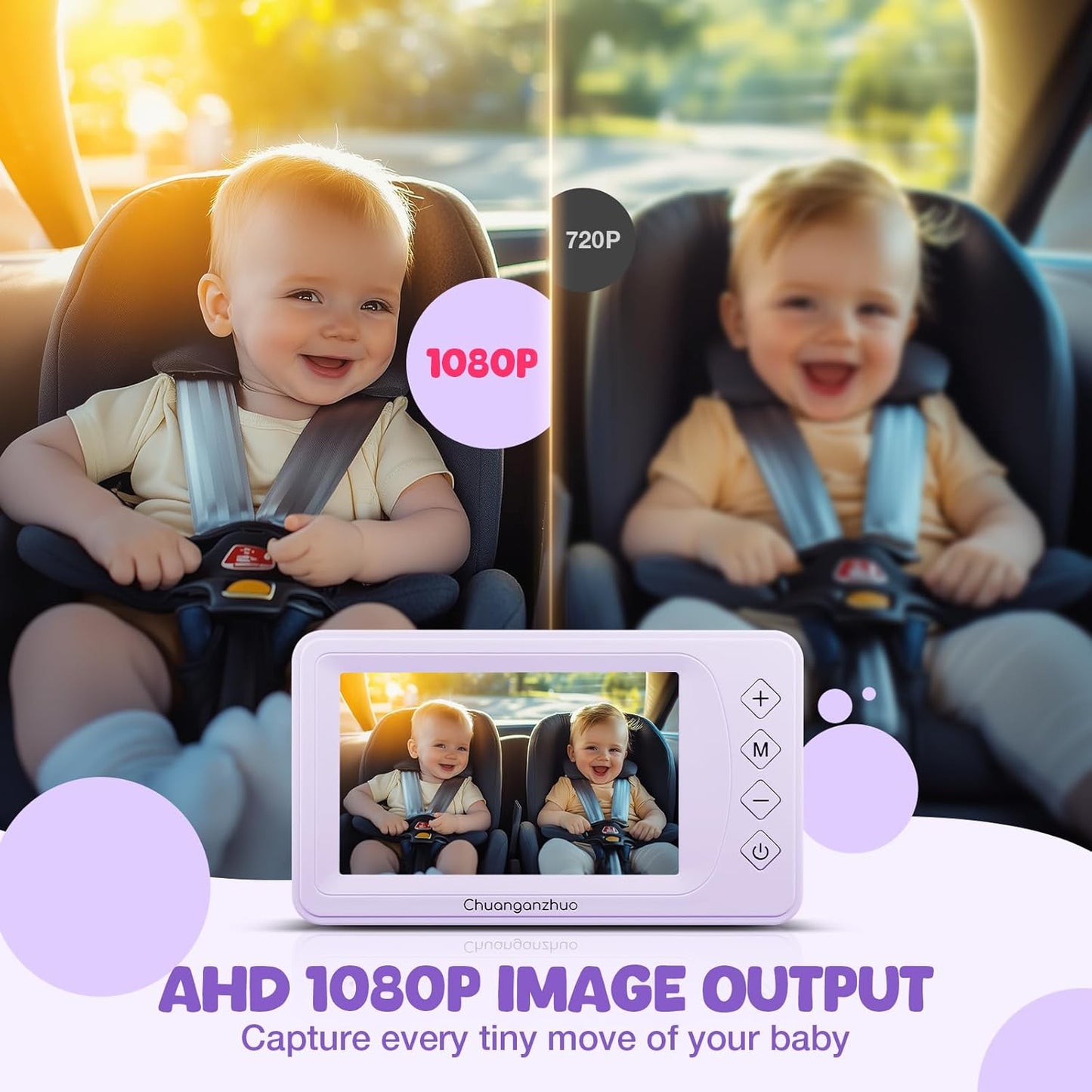 Baby Car Camera with Advanced Crystal-Clear Night Vision, 3X Zoom, USB Powered, 5'' AHD 1080P IPS Car Baby Monitor, Backseat Camera for Kids Infants Rear Facing Mirror, 5inch, Purple
