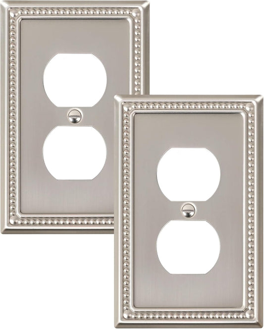 2-Pack Duplex Outlet Cover Plate, Metal Wall Plates for Electrical Outlets, Brushed Nickel 1 Gang Receptacle Cover, Pearls Decorative Switch Plates and Outlet Covers