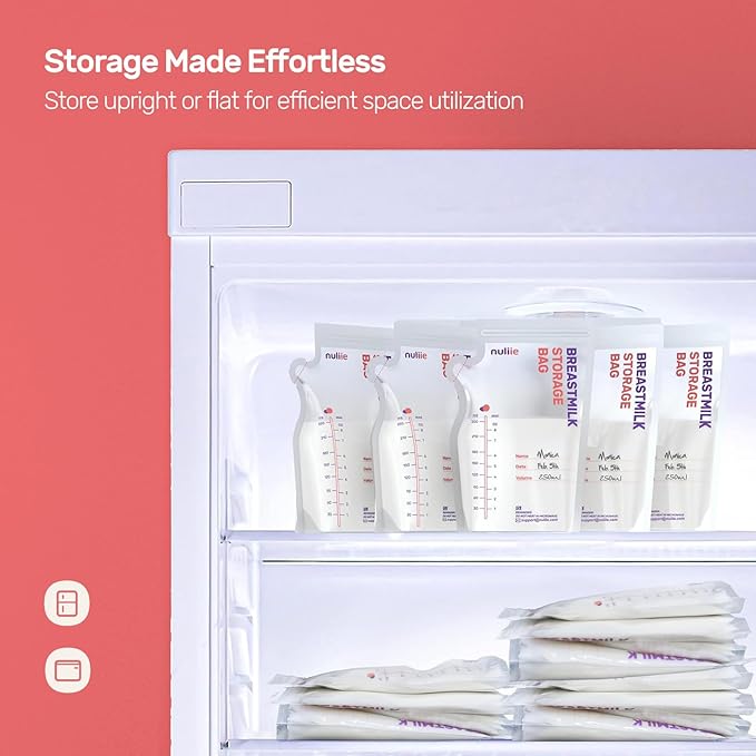 Nuliie 300 Pcs Breastmilk Storage Bags, 8 OZ Breast Milk Storing Bags, BPA-Free, Milk Storage Bags with Pour Spout for Breastfeeding, Self-Standing Bag, Space Saving Flat Profile