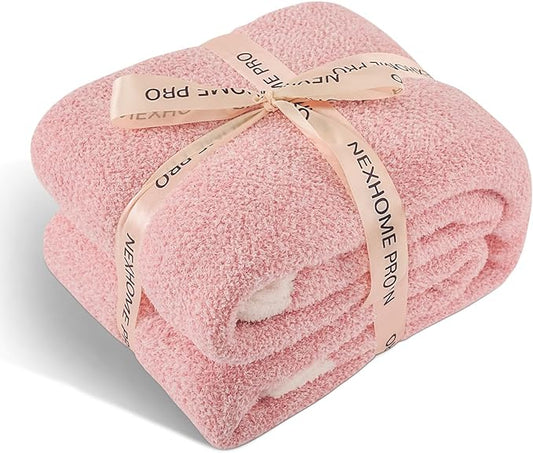 NEXHOME PRO Soft Blankets Pink Twin Size, Cozy Throw Blanket for Couch, Warm Reversible Knit Blanket for Women, Fuzzy Lightweight Throws for Sofa, Bed, Picnic, Heather Hot Pink, 60 x 80 inches