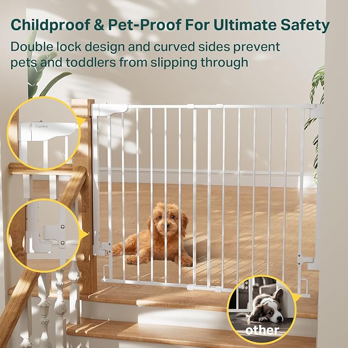 Cumbor 34" Extra Tall No Bottom Bar Baby Gate for Stairs, Wall Mounted Dog Gate Indoor for Larger Pets, Expandable 29.2-43" Safety Gate for Doorways, Wide Walk Thru Door for Easy Access (White)